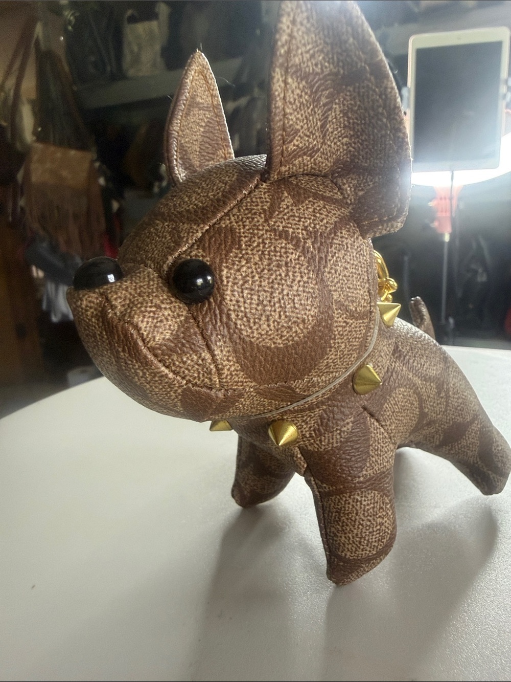 Brown Signature Canvas Dog Plush Keychain with Studded Collar.